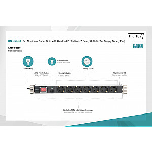 PDU ilgintuvas, 19 colių stovas, 7 įžeminti lizdai, 2,0 m, 1 Unischuko kištukas, 16 A, įjungimas / išjungimas, apsauga nuo perkrovos, aliuminio profilis