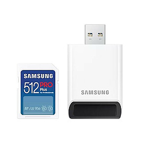 Samsung PRO Plus SDXC 512 ГБ UHS-I U3 [запись 130 МБ/с, чтение 180 МБ/с] v2023 с устройством чтения