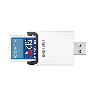 Samsung PRO Plus SDXC 512GB UHS-I U3 [130 MB/s rašymas, 180 MB/s skaitymas] v2023 su skaitytuvu