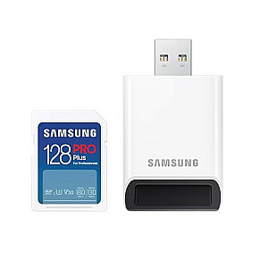Samsung PRO Plus SDXC 128GB UHS-I U3 [130 MB/s rašomas, 180 MB/s skaitymas] su v2023 skaitytuvu
