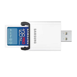 Samsung PRO Plus SDXC 128GB UHS-I U3 [130 MB/s rašomas, 180 MB/s skaitymas] su v2023 skaitytuvu