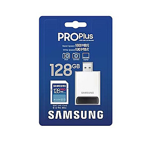 Samsung PRO Plus SDXC 128GB UHS-I U3 [130 MB/s rašomas, 180 MB/s skaitymas] su v2023 skaitytuvu