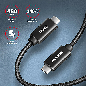 BUCM2-CM10AB kabelis USB-C - USB-C, įkrovimas 1,0 m 5A, ALU, 240 W PD, atrama, USB2.0