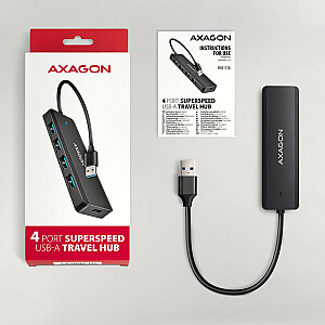 HUE-C1A 4 prievadų USB kelioninis šakotuvas 5 Gbps USB-C maitinimo jungtis 19 cm A tipo kabelis Pasirenkamas USB-C maitinimo šaltinis