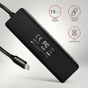 HUE-C1C 4 prievadų USB kelioninis šakotuvas 5 Gbps USB-C maitinimo jungtis 19 cm C tipo kabelis Pasirenkamas USB-C maitinimo šaltinis