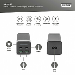 Universalus įkroviklis, GaN maitinimo šaltinis, 4 prievadai 2x USB-C 2x USB-A PD 3.0 65W Black