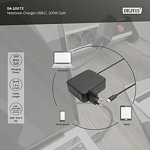 Сетевое зарядное устройство, блок питания 1x USB-C PD 3.0 макс. Встроенный кабель GaN 100 Вт, 1,2 м, черный