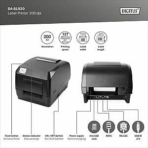 Stalinis etikečių spausdintuvas, terminis spausdintuvas, 200 DPI, USB 2.0, RS-232, Ethernet