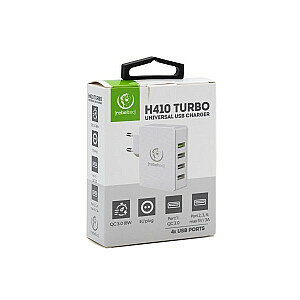 Kintamosios srovės įkroviklis H410 TURBO QC3.0 4 prievadai Tinklo maitinimas 100-240 V, 50/60 Hz, didžiausias srovės suvartojimas 0,7 A, vienas USB prievadas, suderinamas su QC3.0
