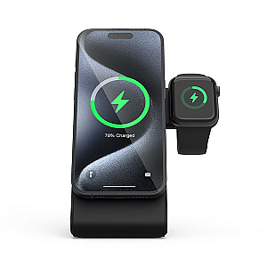 „Trys viename“ belaidis įkroviklis su „MagSafe“, skirtas „iPhone“, „Apple Watch“ ir „AirPods“.