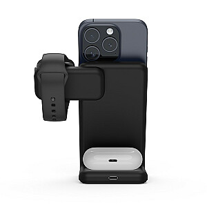 „Trys viename“ belaidis įkroviklis su „MagSafe“, skirtas „iPhone“, „Apple Watch“ ir „AirPods“.