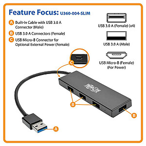 SuperSpeed U360-004-SLIM 4 prievadų ypač plonas nešiojamasis USB 3.0 šakotuvas