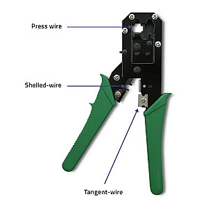 Modulinis užspaudimo įrankis, skirtas 8 ir 6 kontaktų eterneto kabelių pjovimui ir presavimui.