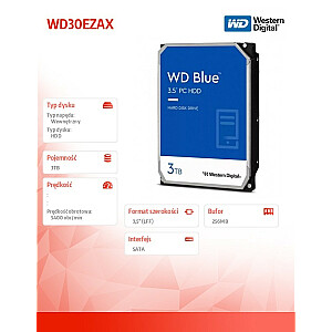 Синий жесткий диск CMR WD30EZAX емкостью 3 ТБ, 3,5 дюйма, 256 МБ, 5400 об/мин
