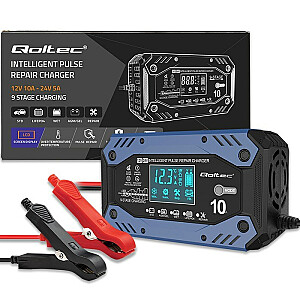 Qoltec 52482 Интеллектуальное зарядное устройство для STD AGM GEL LiFePO4 | Зарядное устройство с функцией ремонта |12-24В |10А | ЖК | 9 – ступень зарядки