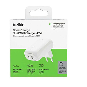 BoostCharge 42W USB-C 3 0W USB-A 12W įkroviklis baltas