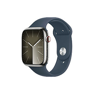 9 serijos GPS + mobilusis laikrodis, 45 mm sidabro nerūdijančio plieno dėklas, mėlyna sportinė juosta – M/L