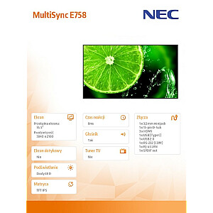 Широкоформатный монитор MultiSync E758 74,5 дюйма UHD 350 кд/м2 18/7