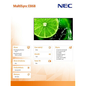 Plačiaekranis monitorius MultiSync E868 85,6 colio UHD 350 cd/m2 18/7