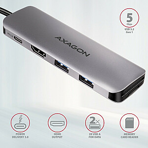 HMC-5 Wieloportowy Hub 2x USB-A, HDMI, SD/microSD, USB 3.2 Gen 1, PD 100 W, USB-C laidas 20 cm ilgio