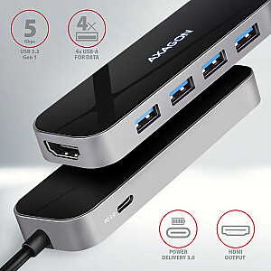 HMC-6H4A Wieloportowy концентратор, 4x USB-A + HDMI, USB-C 3.2 Gen 1, PD 100 Вт, кабель USB-C длиной 20 см