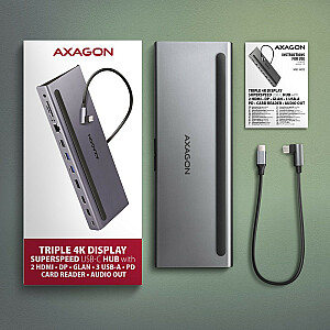 HMC-4KX3 Wieloportowy USB šakotuvas 5 Gbps, 3x USB-A, 2x HDMI + DP + GLAN + SD/microSD + garsas, PD 100 W