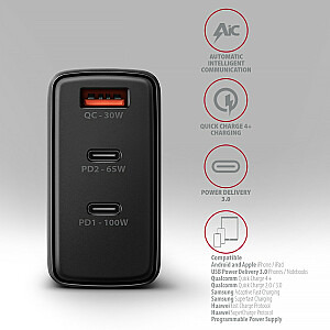 ACU-DPQ100 Сетевое зарядное устройство, GaN 100 Вт, 3 порта (USB-A + двойной USB-C), PD3.0/QC4+/PPS/Apple, черный