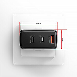 Sieninis įkroviklis ACU-DPQ100, GaN 100 W, 3 prievadai (USB-A + dvigubas USB-C), PD3.0/QC4+/PPS/Apple, juodas