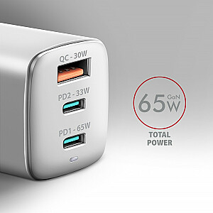 ACU-DPQ65W GaN sieninis įkroviklis, 65 W, 3 prievadai (USB-A + dvigubas USB-C), PD3.0/QC4+/PPS/Apple, baltas