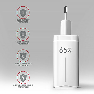 ACU-DPQ65W GaN sieninis įkroviklis, 65 W, 3 prievadai (USB-A + dvigubas USB-C), PD3.0/QC4+/PPS/Apple, baltas