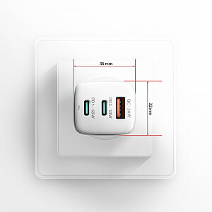 ACU-DPQ65W GaN sieninis įkroviklis, 65 W, 3 prievadai (USB-A + dvigubas USB-C), PD3.0/QC4+/PPS/Apple, baltas