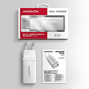 ACU-DPQ65W GaN sieninis įkroviklis, 65 W, 3 prievadai (USB-A + dvigubas USB-C), PD3.0/QC4+/PPS/Apple, baltas