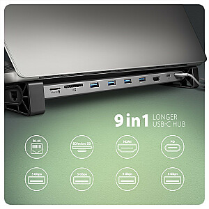 HMC-10HLS Wieloportowy USB šakotuvas 5 Gbps 4x USB-A, HDMI 4K/60 Hz, RJ-45, SD/microSD, PD 100 W, USB-C laidas 25 cm ilgio