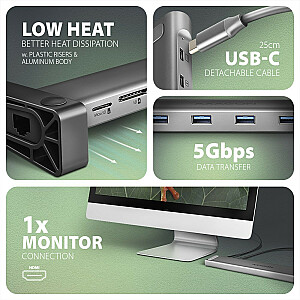 HMC-10HLS Wieloportowy USB šakotuvas 5 Gbps 4x USB-A, HDMI 4K/60 Hz, RJ-45, SD/microSD, PD 100 W, USB-C laidas 25 cm ilgio