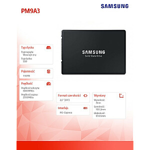 SSD diskas PM9A3 U.2DCT 1920 GB MZQL21T9HCJR-00W07 NVMe