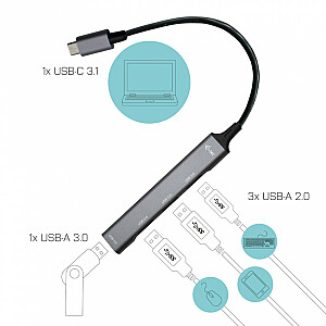 i-tec USB-C Metal HUB Mini, 4 порта USB: 1x USB 3.0 + 3x USB 2.0