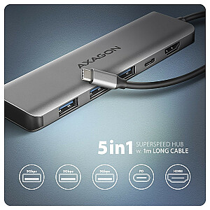 HMC-5H Wieloportowy šakotuvas USB-C 3.2 Gen 1, 3x USB-A, 4K HDMI, PD 100 W, USB-C laidas 100 cm ilgio