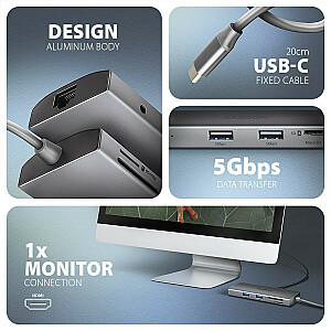 HMC-8HLSA Wieloportowy Hub USB-C Hub 3.2 Gen 1, 3x USB-A + 4K/30Hz HDMI + SD/microSD, GLAN, garsas, PD 100 W, 20 cm USB-C laidas