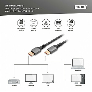 PREMIUM DisplayPort 2.1 16K 60Hz DP/DP M/M jungties laidas 1 m, juodas
