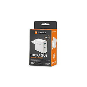 Ribera GAN 1X USB-A + 1X USB-C 45W įkroviklis Baltas
