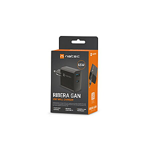 Ribera GAN 1X USB-A + 1X USB-C 65W įkroviklis Juodas