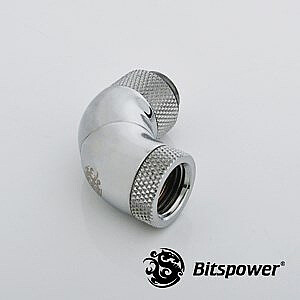 „Bitspower“ adapteris, 90 laipsnių, nuo G1/4 colio vyriškos iki G1/4 colio movos – 3 pasukami, blizga sidabrinė
