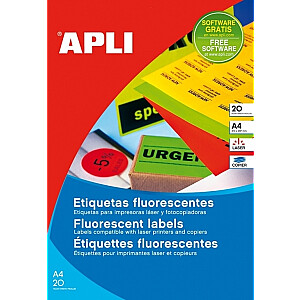 Apli lipnios etiketės, A4, 64x33,9 mm, 24 etiketės lape, 20 lapų, neoninė geltona