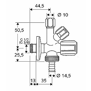 Komfortiškas kombinuotas kampinis vožtuvas 1/2"x3/4-3/8"