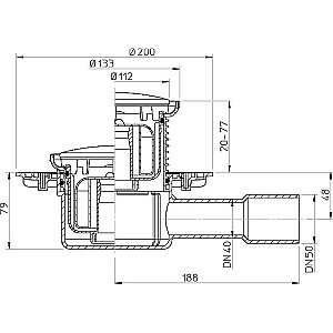 Сифон DN40/50 горизонтальный с сифоном Primus, круглая решетка