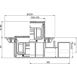 Sifonas DN50/75 horizontalus, 0,8 l/s