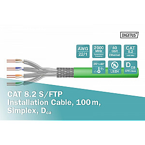 Telekomunikacijų instaliacinis kabelis, kategorija 8.2, S/FTP, Dca, AWG 22/1, LSOH, 100m, žalias