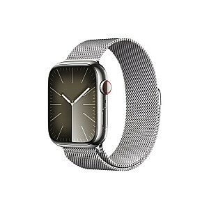 9 serijos GPS+ mobilusis laikrodis, sidabrinis nerūdijančio plieno dėklas, 45 mm skersmuo, sidabrinis Milano dirželis