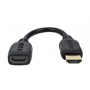 Manhattan HDMI с удлинительным кабелем Ethernet, 4K, 60 Гц (высокая скорость премиум-класса), штекер-мама, кабель 20 см, черный, Ultra HD 4k x 2k, полностью экранированный, позолоченные контакты, пожизненная гарантия, полиэтиленовый пакет