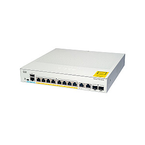 Cisco Catalyst 1000-8FP-E-2G-L tinklo jungiklis, 8 Gigabit Ethernet PoE+ prievadai, 120 W PoE biudžetas, du 1G SFP/RJ-45 Combo prievadai, veikimas be ventiliatoriaus, pratęsta ribota garantija (C1000-8FP-E-2G) -L)